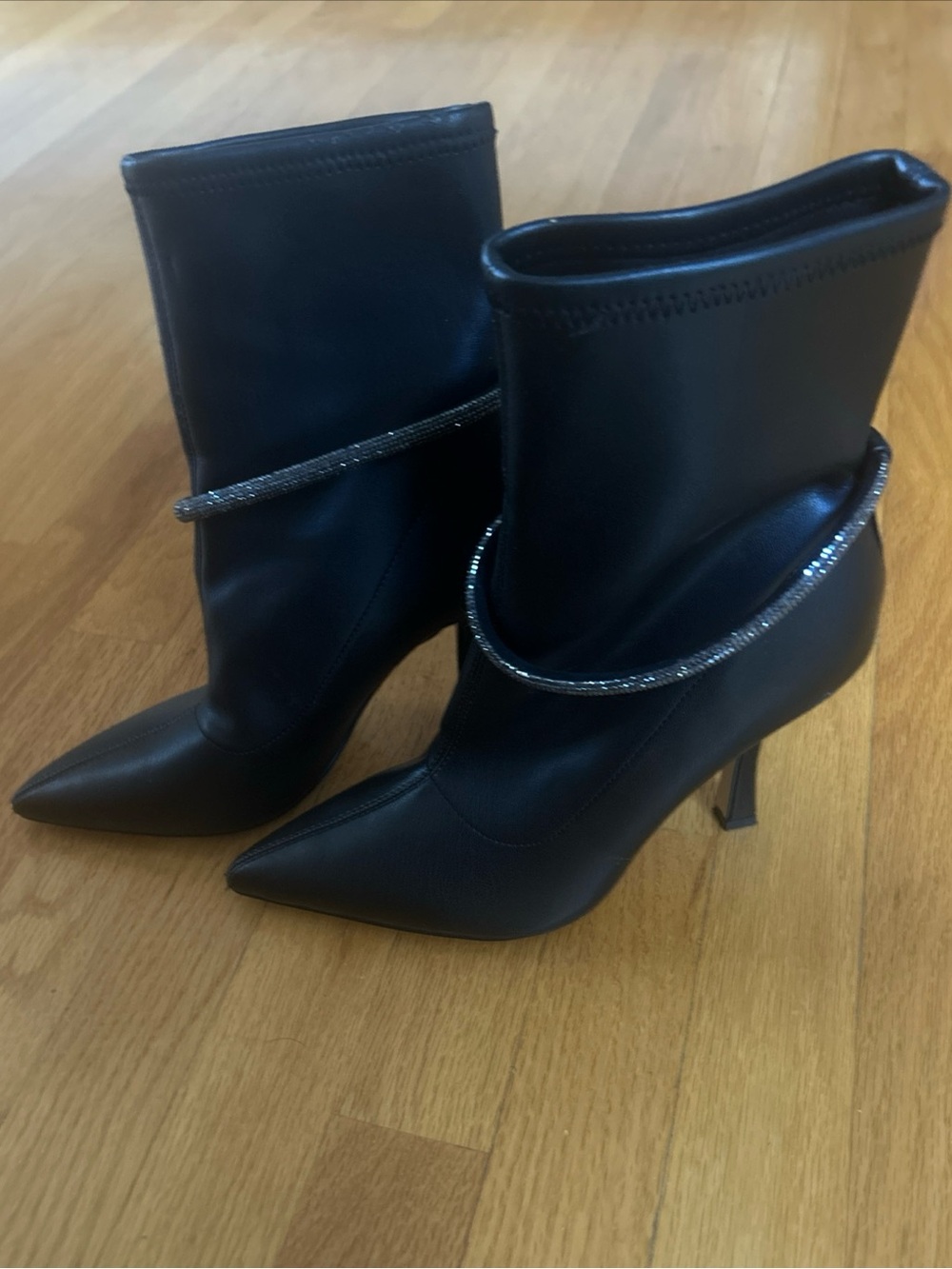 Nine West Black Pointed Stiletto Ankle Boots with Crystal Wrap